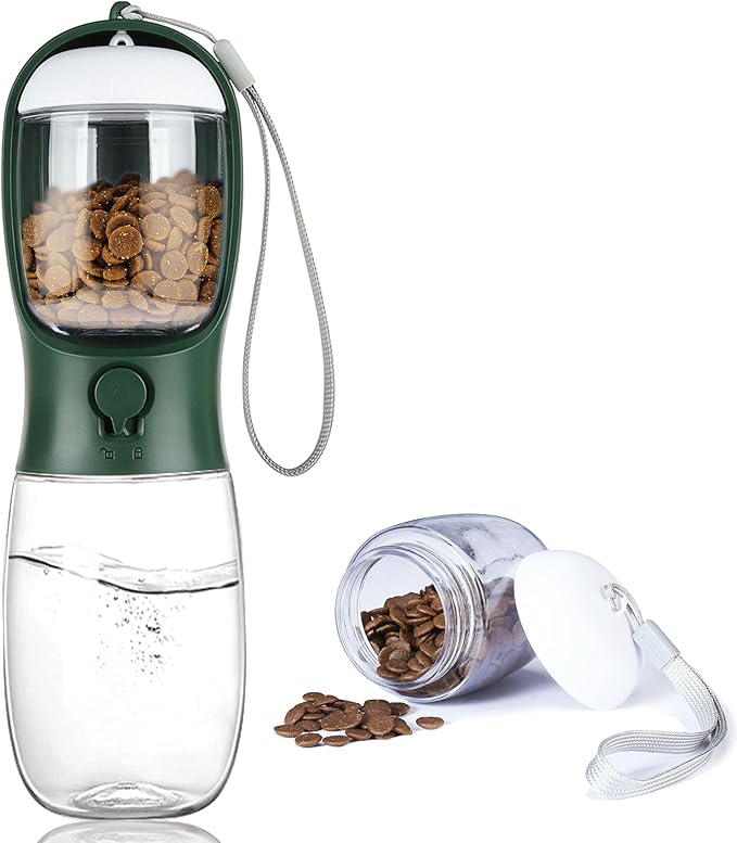 Portable Dog Water Bottle with Food Container,15oz Leak-Proof Pet Water Dispenser for Dogs, Cats, Puppies,Built-in Activated Carbon Filter for Travel,Hiking, Walking,and Outdoor Activities
