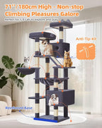 Taoqimiao Cat Tree 71-Inch, Cat Tower for Indoor Cats Large Adult, Multi-Level Large Cat Condo, 8 Sisal Scratching Posts, Metal Frame Cozy Hammock, Scratch Board, 2 Top Perches, Smoky Gray MS026LG