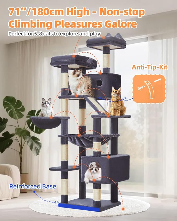 Taoqimiao Cat Tree 71-Inch, Cat Tower for Indoor Cats Large Adult, Multi-Level Large Cat Condo, 8 Sisal Scratching Posts, Metal Frame Cozy Hammock, Scratch Board, 2 Top Perches, Smoky Gray MS026LG