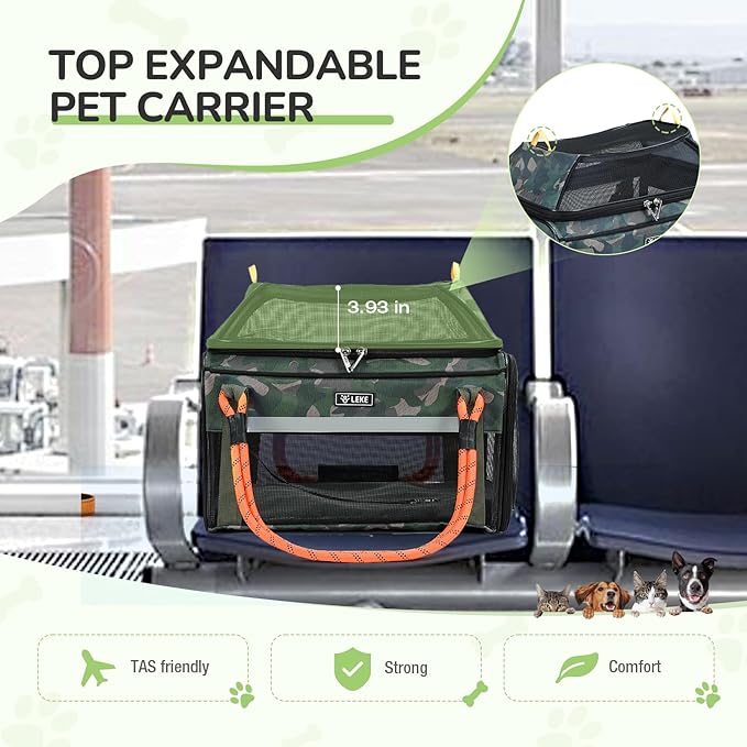 Lekereise Top Expandable Pet Carrier TSA Airline Approved Soft Sided Underseat Up to 15lbs Travel Carriers for Small Cats and Dogs with Convertable Dog Leash and Anti-Scratch Mesh