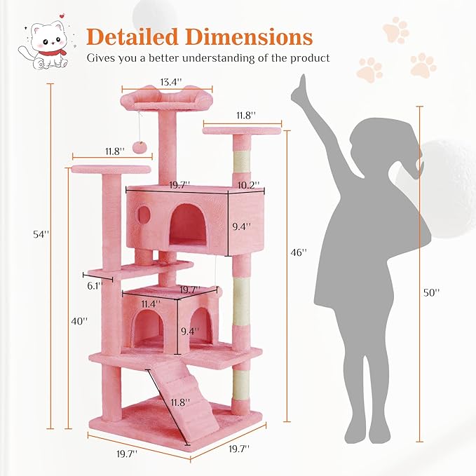 Sweetcrispy 54 Inch Cat Tree Tower, Multi-Level with Cat Scratching Post, Indoor Cat Condo with Climbing Ladder, Plush Toy, Play House for Cat, Pink