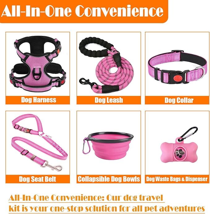 No Pull Dog Harness, Collar & Leash Set | Includes Dog Seat Belt, Collapsible Bowls & Poop Bag Dispenser. Ideal for Training, Walking, Hiking. Fits Small to Large Dogs(Pink-XL)