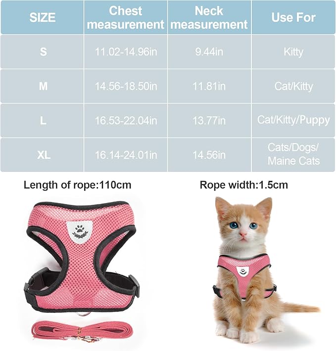 shudyear Summer cat Chest Harness and Leash, Anti-Escape Adjustable Soft mesh cat Leash and Chest Harness Set for All Types of Cats cat Vests (Size S,Pink)