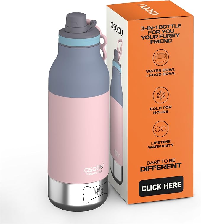 asobu Dog Barky Bottle – Insulated Stainless Steel Water Bottle with 2 Removable Dog Bowls for Food, Treats & Water – Pet-Friendly Travel Bottle for Hiking, Road Trips & Outdoor Adventures