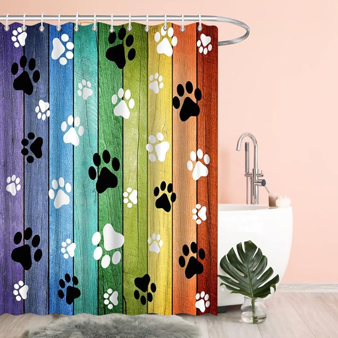 Dog Paws Shower Curtain Rustic Old Barn Wood Board Black White Cute Dogs Cat Pet Paw Abstract Animal Footprint Pattern Print Modern Bath Decor Curtains with Hooks 70Wx80H Inch
