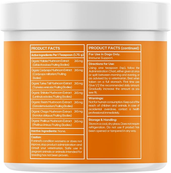 Happy Immunity USDA Certified Organic Mushroom Complex for Dogs, Organic Cordyceps Shiitake Reishi, Vegan Mushroom Blend Powder Canine Supplement, Advanced Mushroom Mix, Non-GMO, 3.5 oz