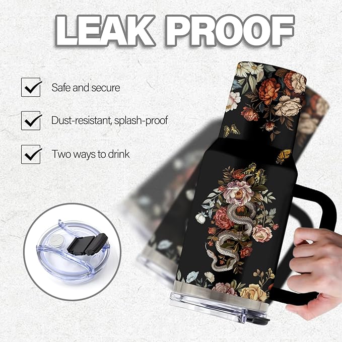 Goth Gifts for Women, 40 Oz Flower of Darkness Tumbler with Handle & Straw, Goth Water Bottle, Birthday Gift for Goths Lover Snake Lovers, Stainless Steel Goths Tumbler, Gifts for Fathers Day