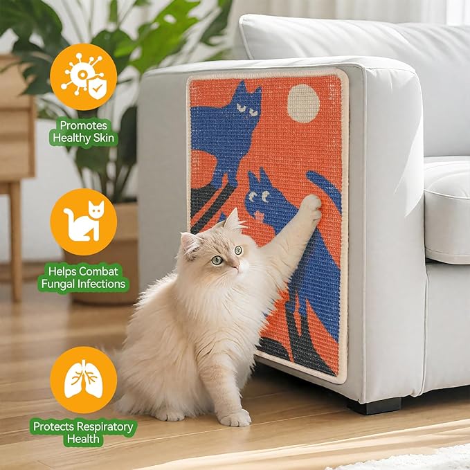 3-in-1 Sisal Cat Scratcher Mat 23.6x15.7'' Protects Carpet Couch & Furniture with Sticker Tape, Floor & Wall Cat Scratching Pad, Anti-Slip, Durable for Indoor Outdoor Cats (Vivid Orange)