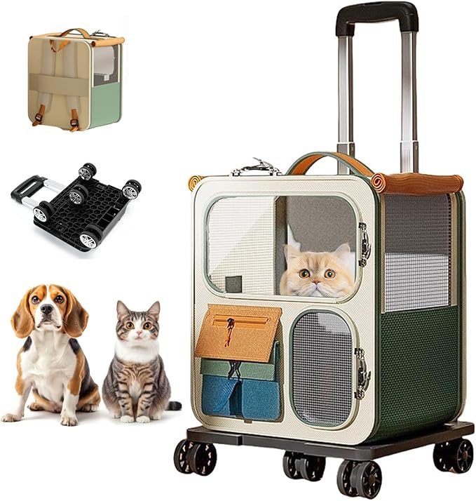 Cat Carrier with Wheels, Soft Rolling Pets Carrier Collapsible on Wheel Pet Handbag Cats Backpack, Dog Carriers up to 23 LBs Removable Cat Bag for Small Dogs Medium Cats Outing(NOT for TSA)