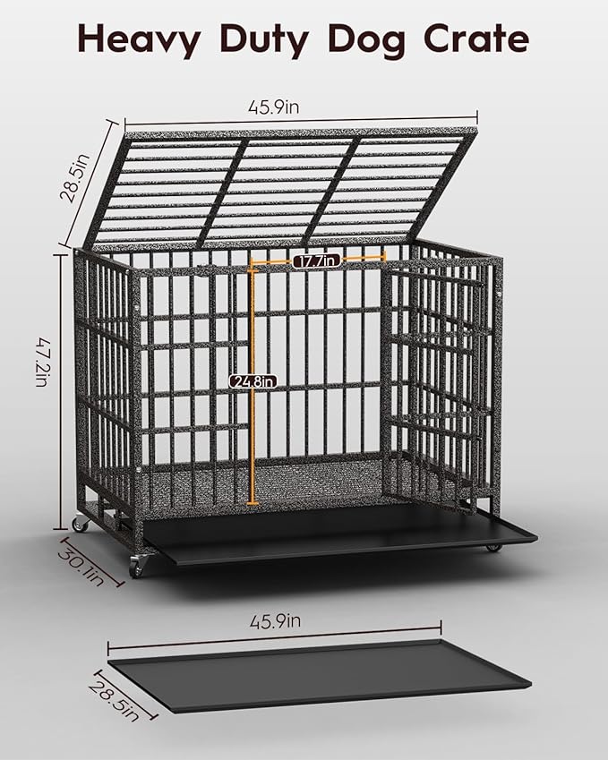48In Heavy Duty Dog Crate, Indestructible Escape-Proof Kennel for Large Dogs, XL Dog Crates, Double Door, with Removable Tray and Wheels, Ideal for High-Anxiety Dogs