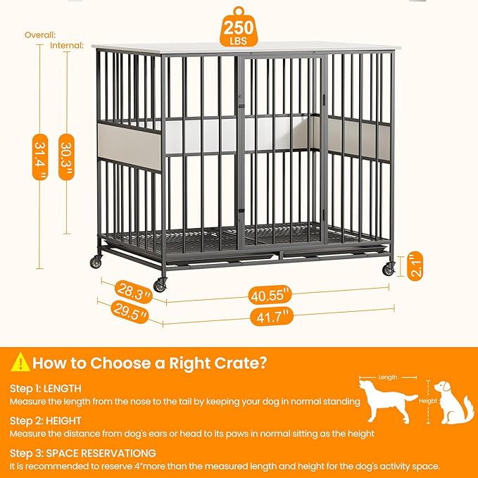 Dog Crate Furniture for Large Dogs, 42 Inch Indoor Large Kennel, Wooden Pet Cage Decorative Corner End Table with Caster Wheels & Double Removable Tray, White