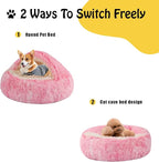 Round Hooded Cat Bed & Dog Bed with Cover Cave, Dog Bed for Small Dogs, Faux Fur Cuddler Round Coved Cat Bed Self Warming Donut Dog Bed Fits up to 12 lbs Pets (Pink, 20inch x 20inch)