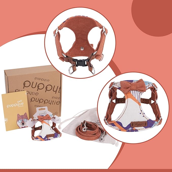 Puppytie No Pull Small Dog Harness with Multifunction Dog Leash,Lightweight Soft Adjustable No Choke Escape Proof Pet Harness Vest Pet Harness Vest,Suede Bow Brown,S