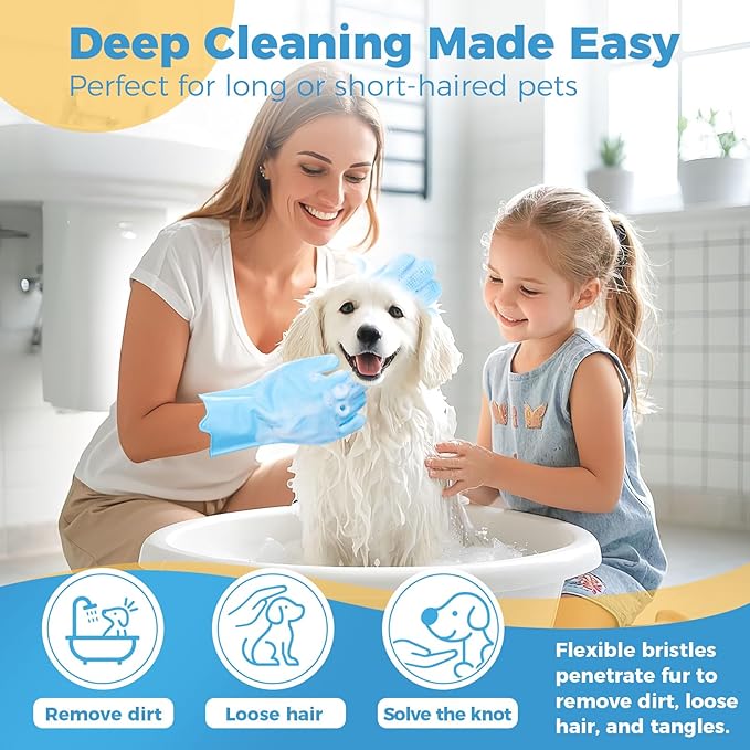 Pet Grooming Gloves, Dog Washing Gloves with Silicone Teeth, Dog Bathing Shampoo Brush, Heat Resistant Five-Finger Design for Bathing, Massaging, Hair Removal, Suitable for Dogs and Cats