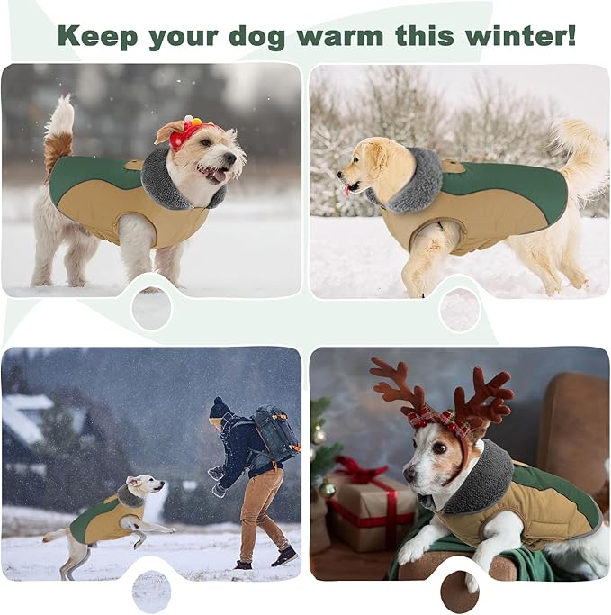 Doglay Dog Jacket Waterproof Dog Coat, Reflective Cold Weather Winter Coat, Adjustable Turtleneck Fleece Puppy Snow Jacket with Harness Hole for Small Medium Large Dogs