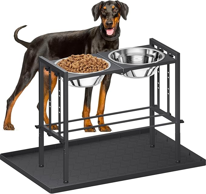 Raised Metal Dog Bowls - Large Breed, 3 Heights, Sturdy Stand for Extra Large Dogs, Black with Mat
