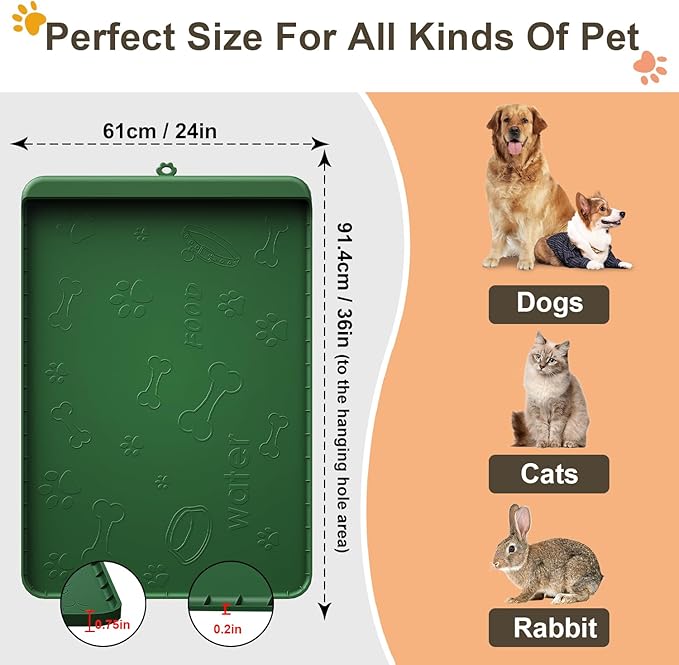 Dog Food Mat - Silicone Dog Mat for Food and Water - 36" x 24" Large Pet Feeding Mats with Residue Collection Pocket - Waterproof Dog Cat Bowl Mat with High Edges to Prevent Water Food Spills (Green)
