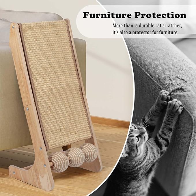 Cat Scratcher with Ball - 28 Inch Cat Scratch Ramp for Indoor,Wooden Climbing Cat Scratching Post Furniture (L with Ball)