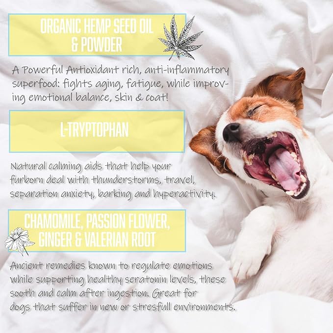 Calming Treats for Dogs with Organic Hemp Oil, Tryptophan, Chamomile, Passion Flower & Valerian - Stress & Anxiety Relief for Separation, Travel, Fireworks, Storms and Barking - 120 Soft Chews..