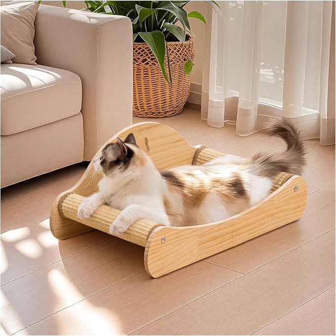 Avont Sisal Cat Scratcher Bed, Natural Solid Wood Scratch Lounger, No Mess Scratching Chair Couch for Indoor Cats, 23 Inch Cat Scartching Pad, 2 in 1 Scratching Board, Furniture Protector -Large