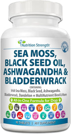 Sea Moss for Dogs 750mg Black Seed Oil 500mg Ashwagandha 250mg Turmeric 250mg Bladderwrack 250mg Dandelion 250mg & Vitamin C Vitamin D3 with Elderberry Manuka Yellow Dock 90 Tablets