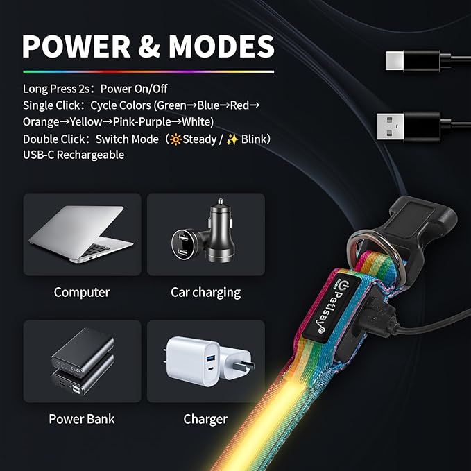 PetIsay LED Dog Collar - 7 Solid Colors & Memory - 300mAh Even Glow, No Half-Neck Light - USB-C Rechargeable, IPX7 Waterproof, Adjustable for Backyard, Hiking, Parties(Large)