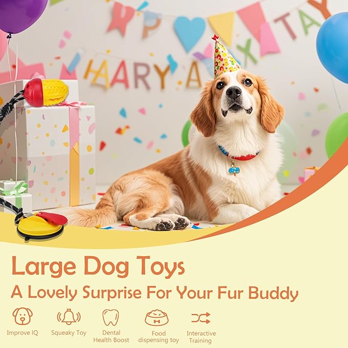 Interactive Dog Toys Tug of War,Dog Puzzle Toy Squeaky for Medium Large Breed Mental Stimulation,Indestructible Food Dispensing Dog Toy to Keep Busy,Red Yellow