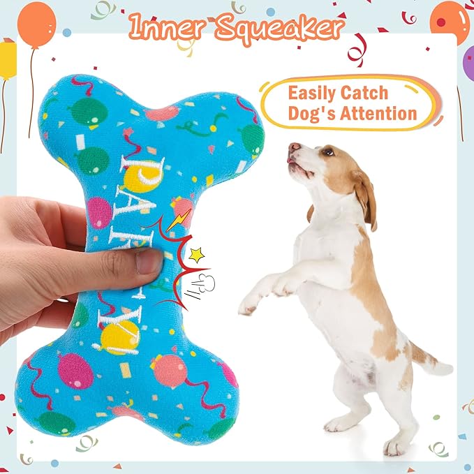 SCENEREAL Dog Birthday Party Gift Squeaky Dog Toys - 4 Packs Pet Plush Toy Durable Cute Bone Interactive Dog Stuffed Toys with Squeaker Chew Toys for Small Medium Dogs Puppies (Bone Pattern)
