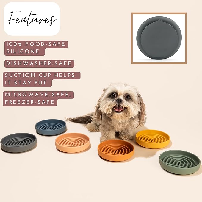 The Slowdown Bowl Silicone Slow Feeder for Cats & Dogs, Slow Eating Mealtime Solution with Modern Lick Mat Design, Reduces Gulping, Fits 1 Cup 6” Across x 1.25” Tall, Small-Tan