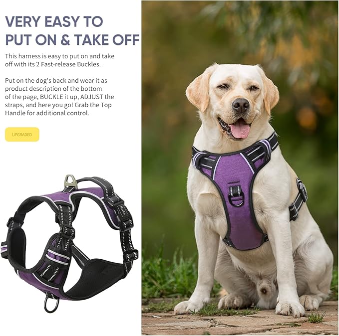 HEELE Dog Harness, No Pull Adjustable Padded Reflective Harness for Small Medium Large Dogs with Handle for Walking Training, Purple, XL
