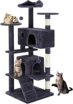 DUMOS 54-inch Indoor Cat Tree Tower –Multi-Level Pet House for Large Cats with 2 Condos, Scratching Posts, Round Platform, Small Ladder, and Toys – Perfect for Cats of All Ages, Dark Grey
