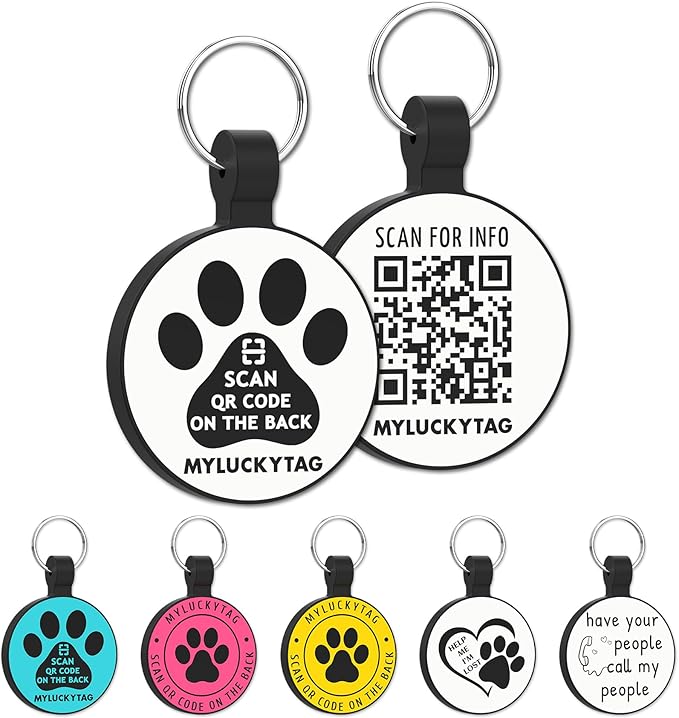 MYLUCKYTAG QR Code Silicone Pet ID Tag Dog Cat Tag, Online Pet Profile, Pet Location Alert Email, Digital Pet Tag, Quiet Dog Tag, Durable Pet ID, Dog Collar Tag, Engraved Pet Tag