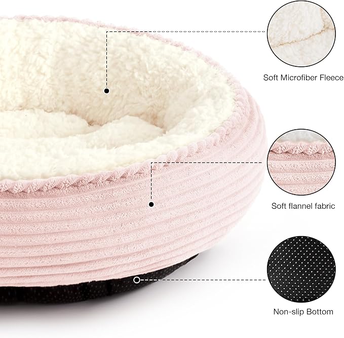 Love's cabin Round Donut Cat and Dog Cushion Bed, 25in Pet Bed for Small or Medium Dogs, Anti-Slip & Water-Resistant Bottom, Soft Durable Fabric Pet Beds, Washable Calming Cat Bed Pink Stripe