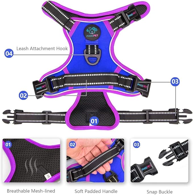 PHOEPET 2019 Upgraded No Pull Dog Harness, Reflective Adjustable Vest, with a Training Handle + 2 Metal Leash Hooks+ 3 Snap Buckles +4 Slide Buckles(M, Royal Blue)