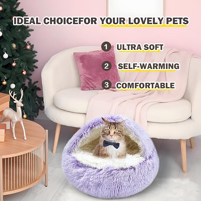 Cat Bed for Indoor Cats, Calming Cozy Cave with Self-Warming Plush, Entire Bed Machine Washable & Anti-Slip Base, Breathable Pet Bed for Small Cats&Dogs All Seasons (Purple, 24 * 24inch)