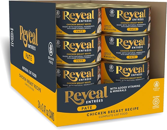 Reveal Entrées Natural Wet Cat Food Paté, Grain-Free with Added Vitamins & Minerals, Carrageenan-Free Protein, Chicken Breast Paté Recipe (24 x 2.47 oz Cans)