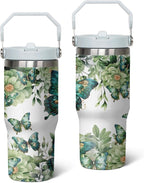 30 Oz Butterfly Tumbler with Handle and Straw, Butterfly Tumbler with Lid and Straw, Double Wall Stainless Steel Butterfly Cup, 30 Oz Butterfly Water Bottle and Butterfly Mugs for Women Gifts