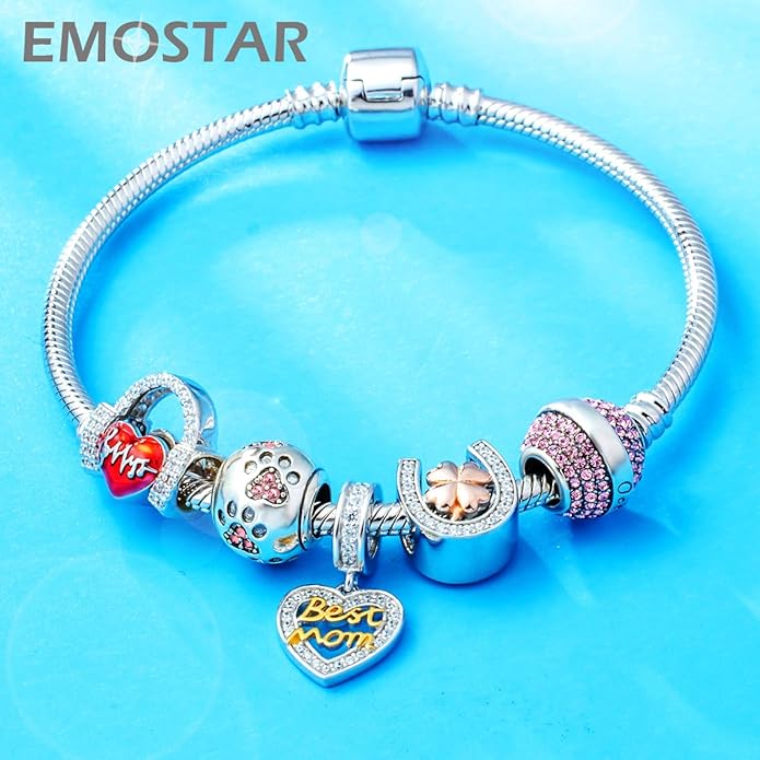 EMOSTAR Dog Paw Print Charms with Various Birthstone Crystals, 925 Sterling Silver Pawprint Beads for 3mm Snake Chain, Pet Lover Gifts for European Women Bracelet