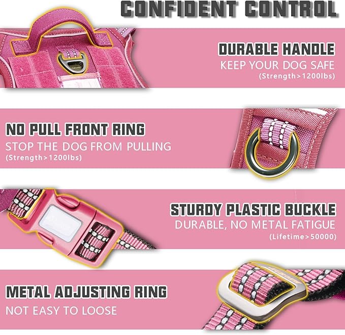 Auroth Tactical Dog Harness for Large Dogs No Pull Adjustable Pet Harness Reflective K9 Working Training Easy Control Pet Vest Military Service Dog Harnesses Rose Red M