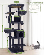 Globlazer Heavy Duty Cat Tree, 74in Sturdy Cat Tower for Large Cats Adult, Big Cat Tree with 5 Sisal Scratching Posts, 2 Padded Condos, 2 Dual-Ear Hanging Baskets, Enlarged Top Perch, S74, Dark Grey
