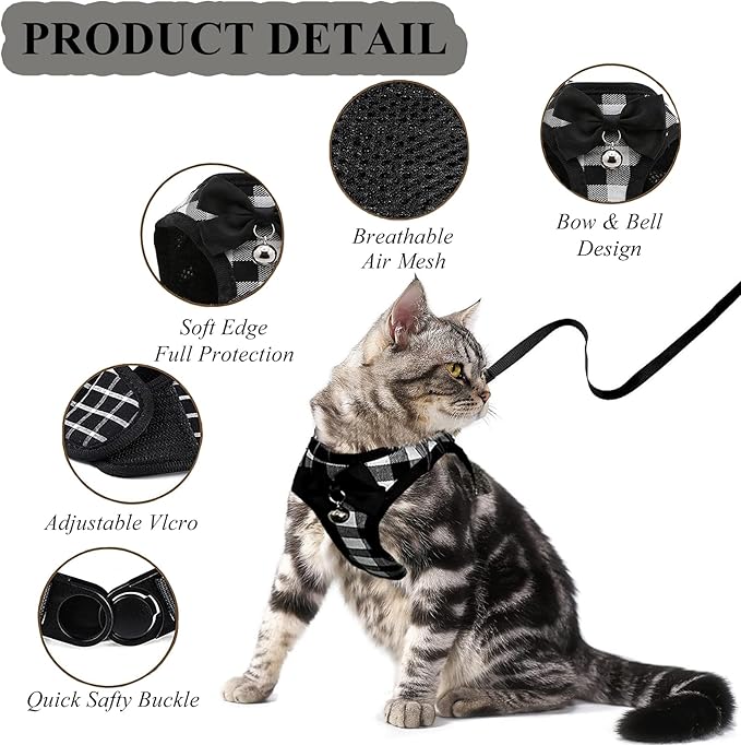 Cat Leashes and Harnesses for Walking,Breathable Soft Kittens Vest for Cats Dogs, Kitten Harness Escape Proof with Bell and Bow-Knot Decoration Christmas (Black-White, L)