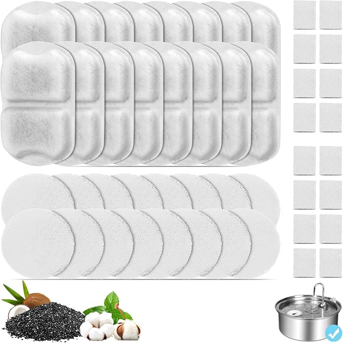 16 Set Dog Fountain Filter Replacement for 7L/230oz/1.8G Stainless Steel Dog Water Dispenser, YOIHABV Cat Fountain Filters, Triple Filtration Pet Water Filter, Replacement Filters and Sponges