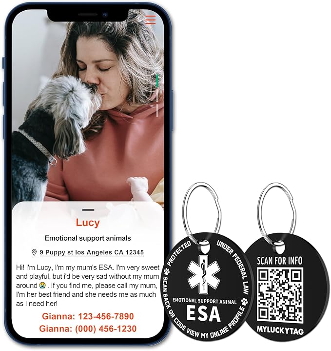MYLUCKYTAG QR Code ESA Emotional Support Dog ID Tag - Pet Online Profile - Scan QR Receive Instant Pet Location Alert Email