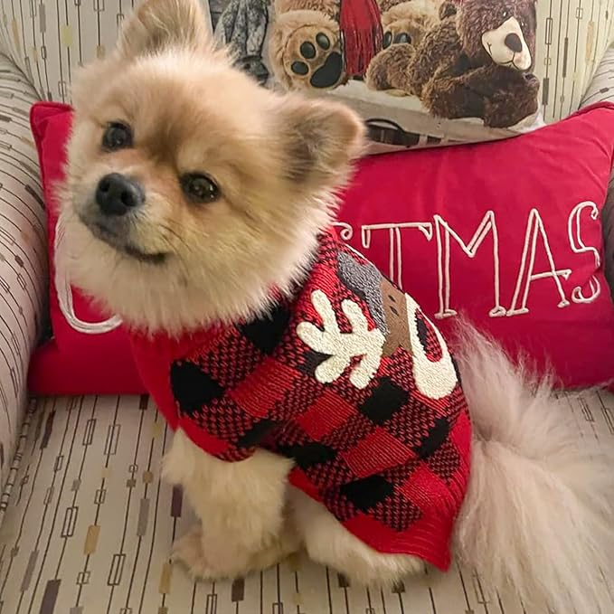 KYEESE Dog Christmas Sweater Reindeer Small Dogs Christmas Sweater Red Buffalo Check with Leash Hole Pet Sweater with Dog Christmas Outfit Pet Clothes,M