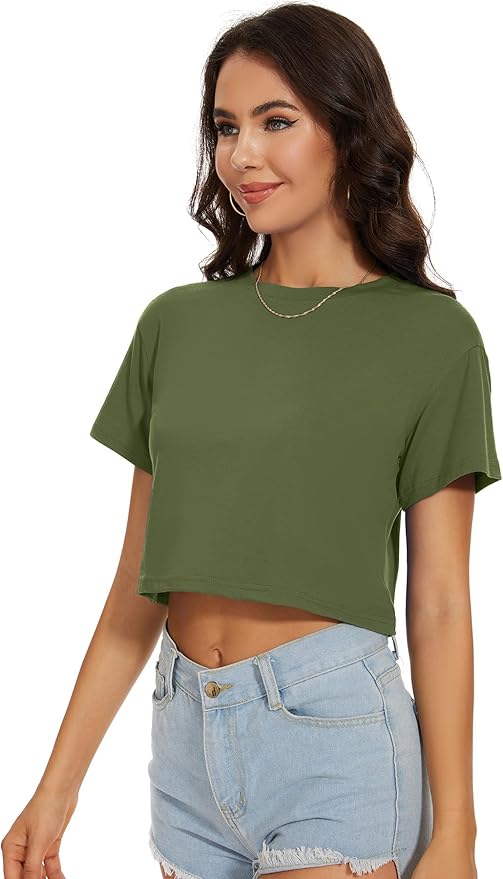Womens Summer Crop Tops Short Sleeve Round Neck T-Shirts Loose Fit Casual Blouse