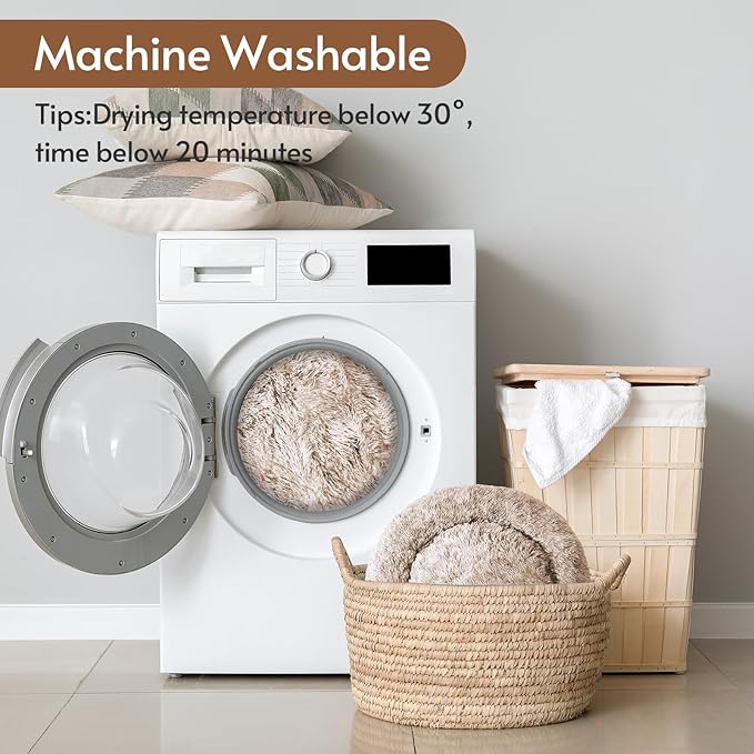 JOLLYVOGUE Calming Dog & Cat Bed for Small Dogs, Anti-Anxiety Donut Cuddler Cozy Soft Round Bed with Anti-Slip Bottom, Fluffy Faux Fur Plush Cushion Beds for Small Medium Dogs (23")