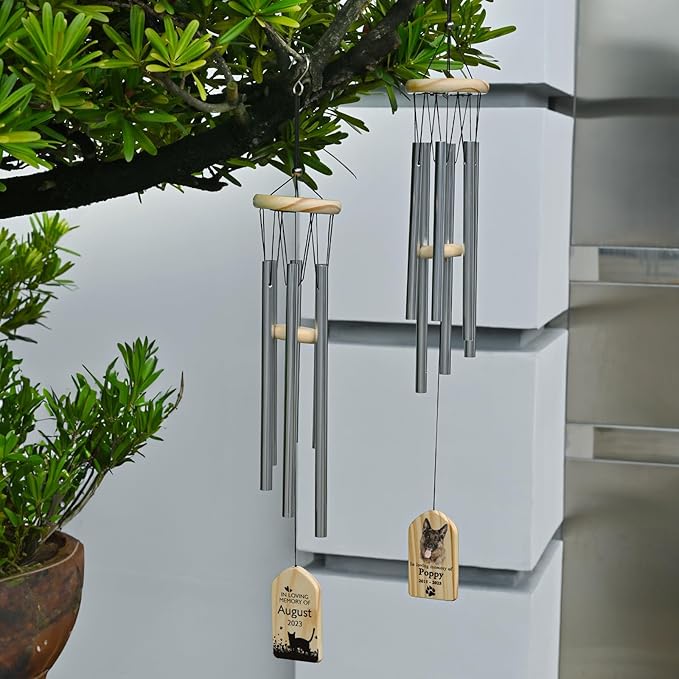 Personalized Pet Loss Wind Chime, Cat Bereavement Gift, In Memory of Cat, Silver Rustproof Wind Chime, 25.6 Inches