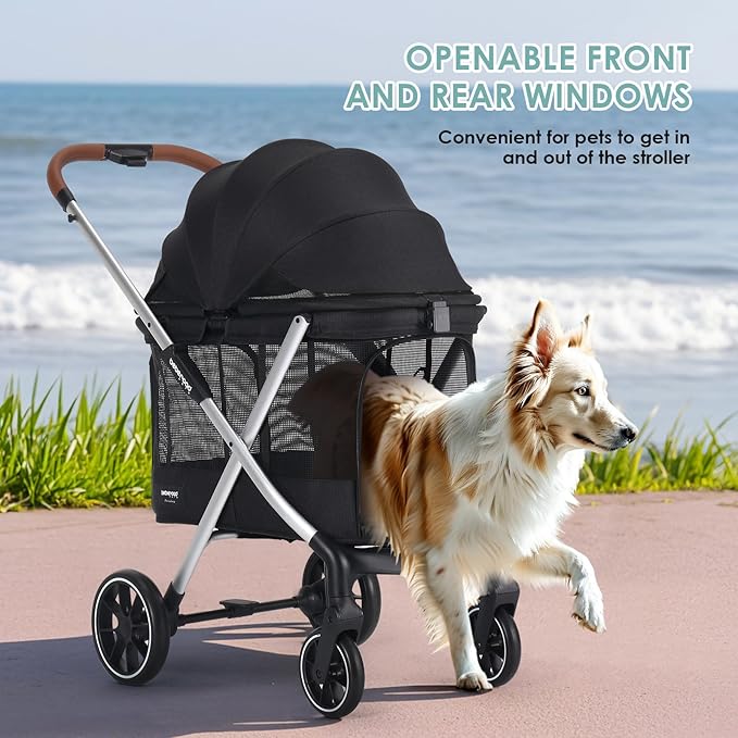 X6 Luxury Dog Stroller for Medium Dogs up to 66 lbs, Dog Wagon with 180° Canopy, One-Second Fold Design, 4-Wheel Shock Absorption (Black)