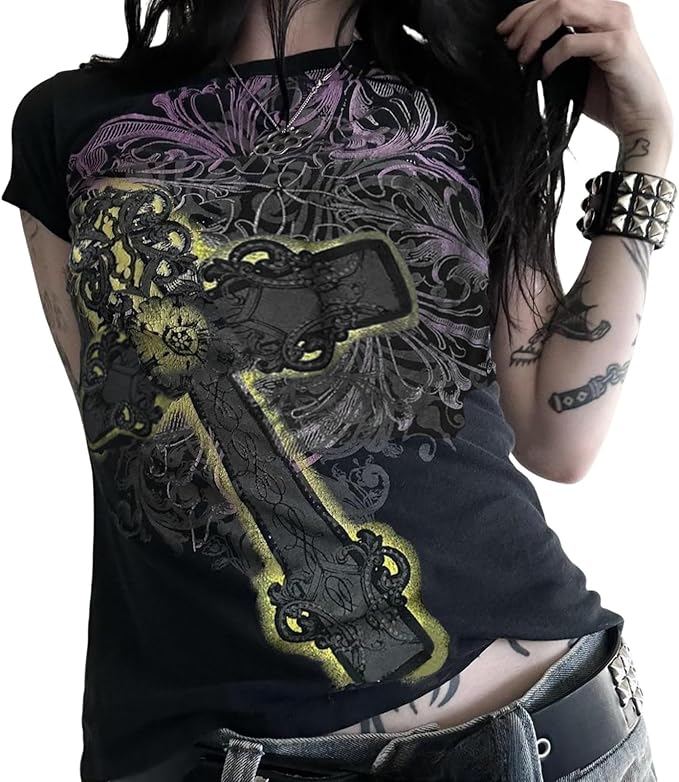 Women Y2K Graphic T-Shirts Summer Short Sleeve Punk Gothic Tee Tops Vintage 90s Aesthetic Emo Clothes Streetwear