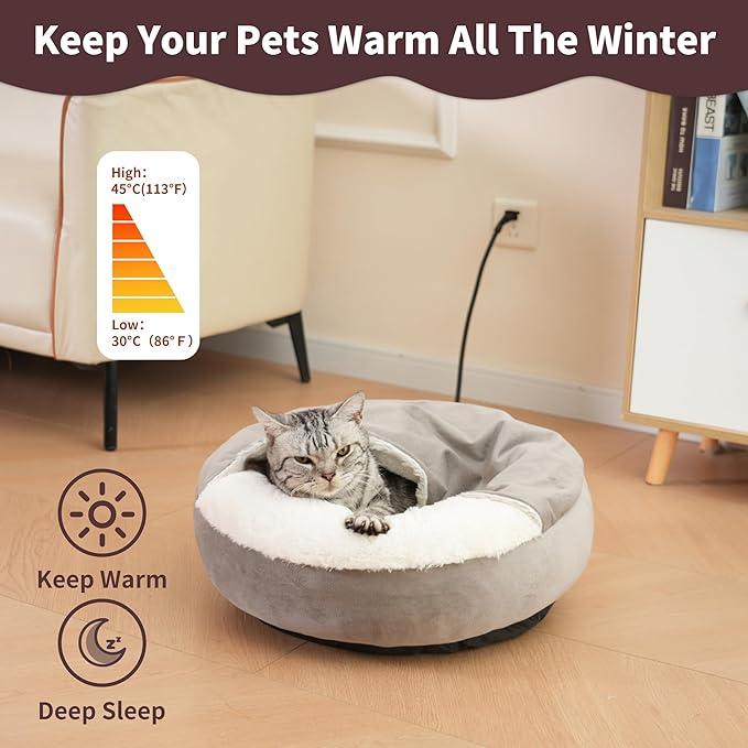 Heated Cat Bed for Indoor Cats and Small Dogs,Automatic Constant Temperature Heating, Anti-Slip Bottom and Machine Washable